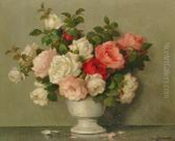 Still Life Of Roses In A Vase. Oil Painting by Maurice Decamps