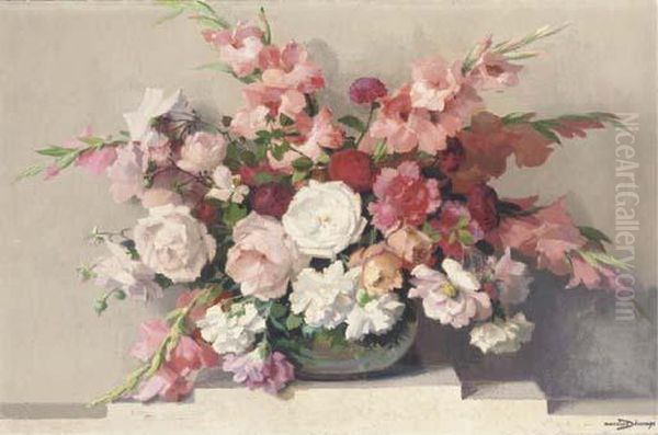 Summer Flowers In A Glass Bowl Oil Painting by Maurice Decamps