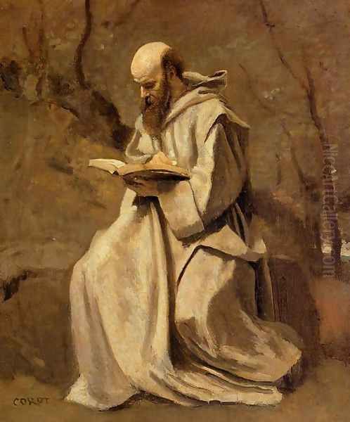 Monk in White, Seated, Reading Oil Painting by Jean-Baptiste-Camille Corot