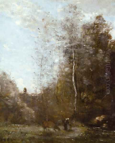 A Cow Grazing beneath a Birch Tree Oil Painting by Jean-Baptiste-Camille Corot