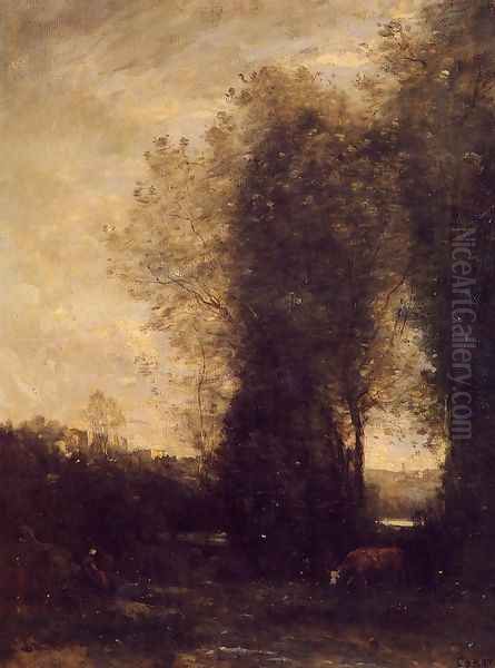 A Cow and its Keeper Oil Painting by Jean-Baptiste-Camille Corot