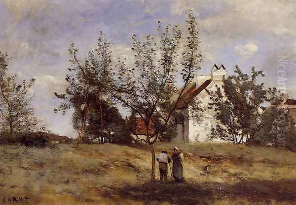 An Orchard at Harvest Time Oil Painting by Jean-Baptiste-Camille Corot