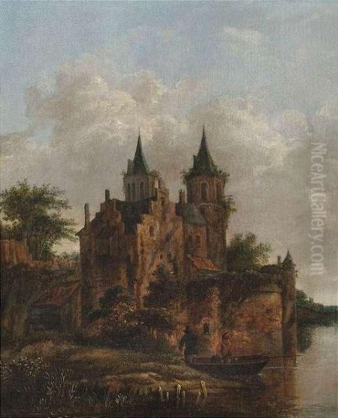 Old Moated Castle With Towers. Oil Painting by Cornelius Decker