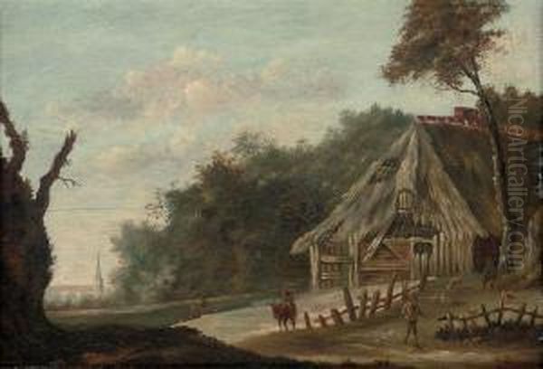 A Wooded Landscape With Herdsmen Outside A Barn, A Church Beyond Oil Painting by Cornelius Decker