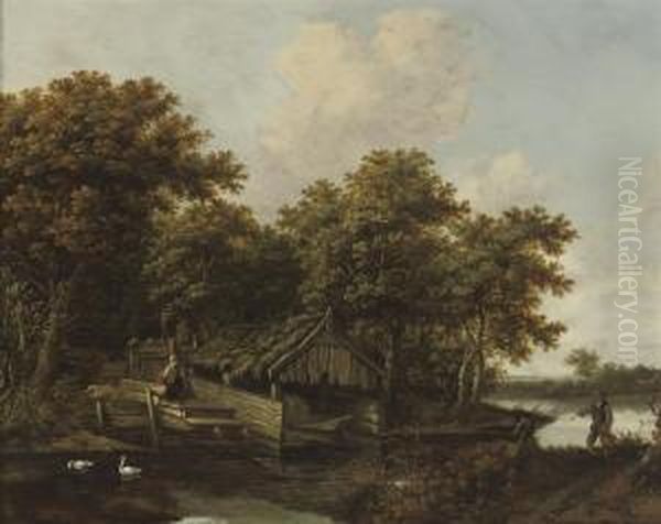 A River Landscape With Fishermen On The Riverbank Oil Painting by Cornelius Decker