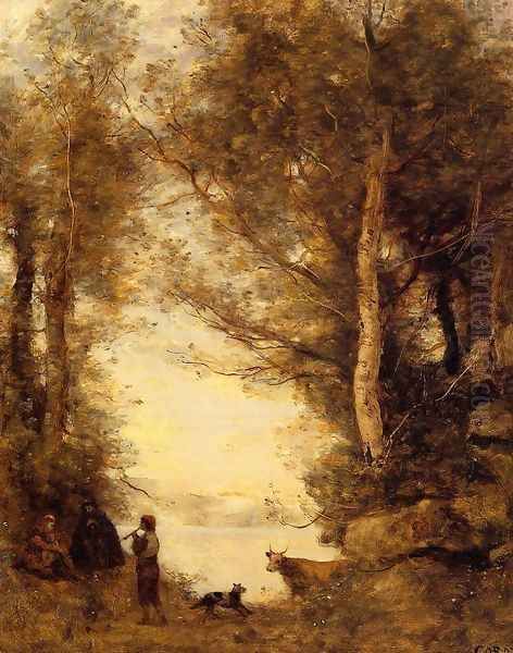 Flute Player at Lake Albano Oil Painting by Jean-Baptiste-Camille Corot