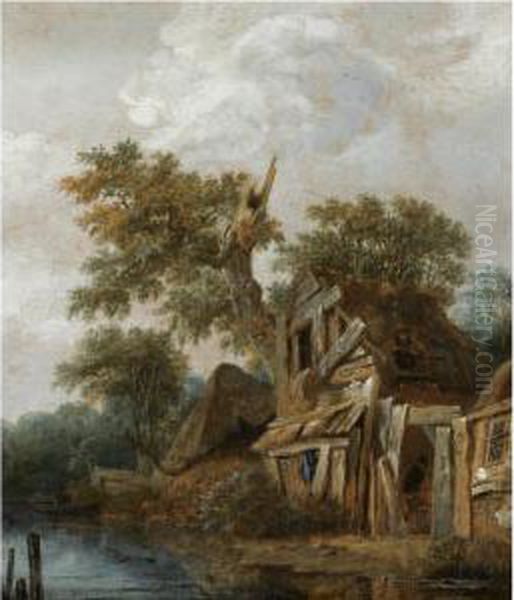 A Wooded Landscape With A 
Farmstead On The Banks Of A River, A Figure Entering The Cottage Oil Painting by Cornelius Decker