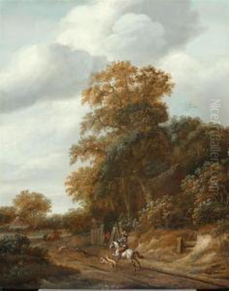 Wooden Landscape In Haarlem With Rider On A White Horse And His Dogs. Oil Painting by Cornelius Decker