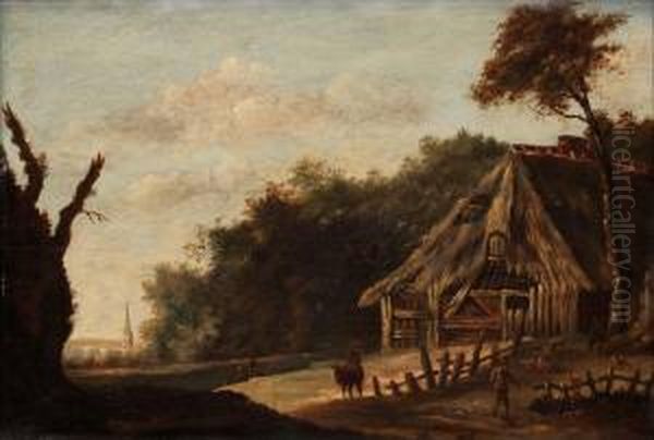 Landskap Med Figurer Och Kreatur Vid Hus Oil Painting by Cornelius Decker