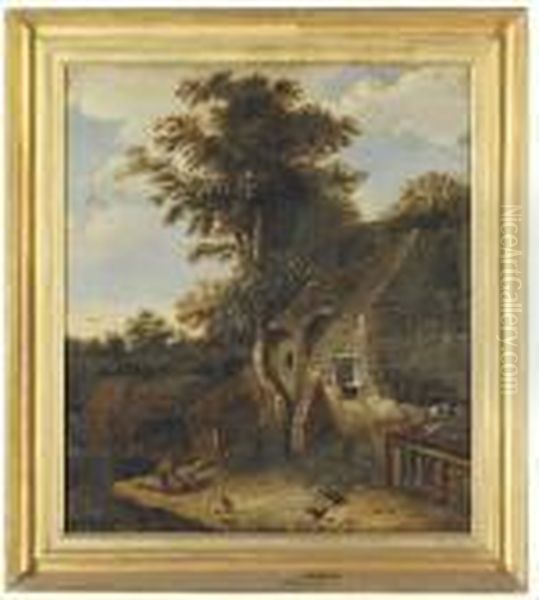 A Landscape With Figures In Front Of A Farmhouse Oil Painting by Cornelius Decker