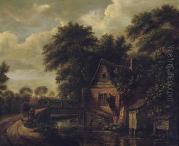 A Wooded River Landscape With Figures On A Track Near A Bridge And A Cottage Oil Painting by Cornelius Decker