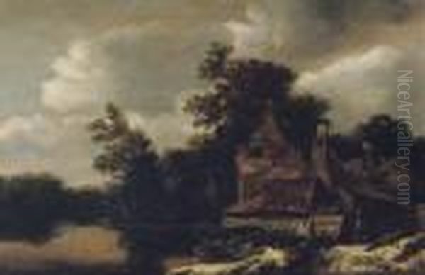 A Wooded River Landscape With A 
Peasant Carrying Buckets Outside A Cottage, A Fisherman In A Boat Nearby Oil Painting by Cornelius Decker