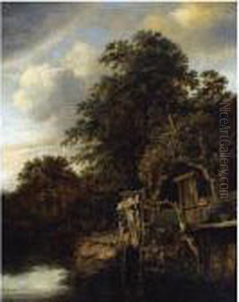 A Wooded River Landscape With A 
Woman And Child Looking Out Over The Water, A Horseman With His Dog And 
Another Figure Beyond Oil Painting by Cornelius Decker