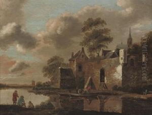 A River Landscape With Anglers On A Bank By A Fortified Village Oil Painting by Cornelius Decker