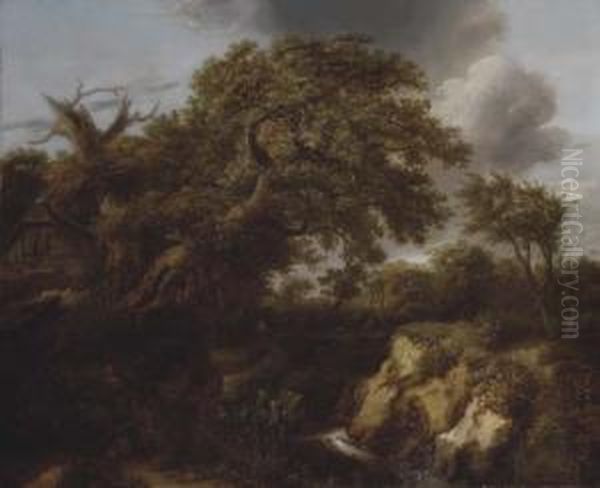 A Wooded River Landscape With Travellers On A Track By A Cottage Oil Painting by Cornelius Decker