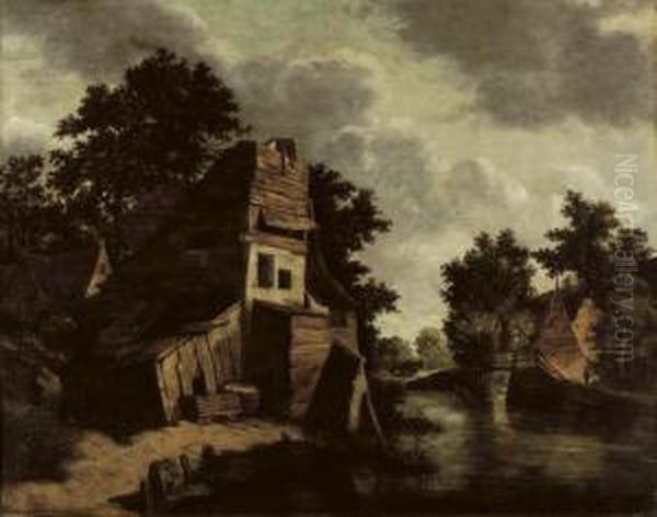 A House In A Wooded River Landscape With A Washerwoman In The Foreground Oil Painting by Cornelius Decker