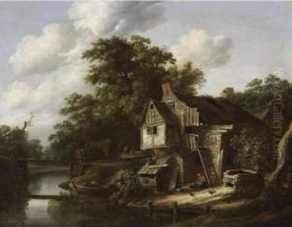 A Farmstead Near A Stream, With A
 Fisherman In A Rowing Boat, A Couple Crossing A Bridge And Figures Near
 A Farm Oil Painting by Cornelius Decker