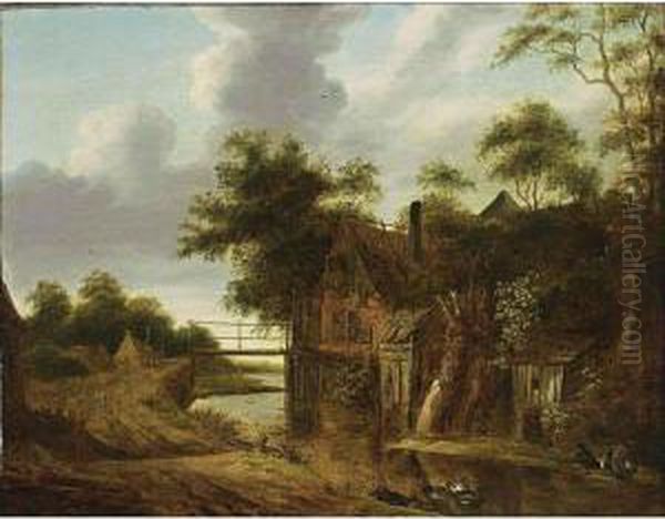 A Landscape With Travellers On A Path Along A Stream Near A Farm Oil Painting by Cornelius Decker