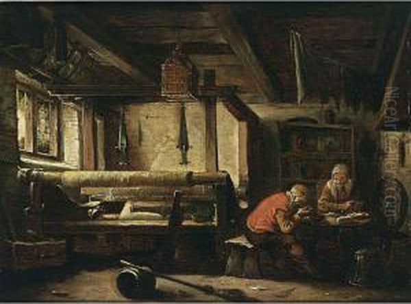 A Weaver's Workshop With A Couple Eating At A Table Oil Painting by Cornelius Decker