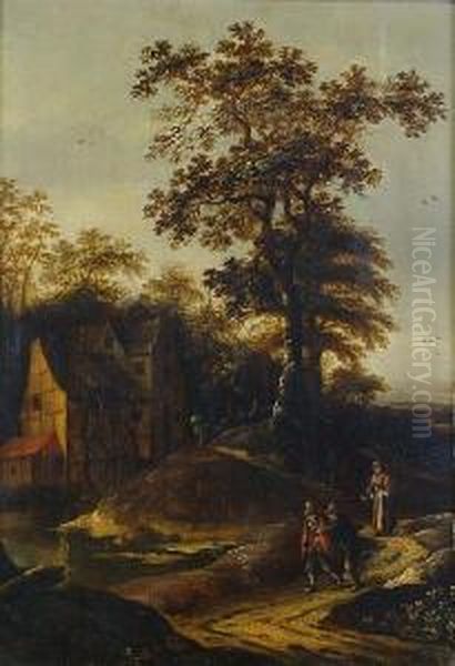 Figures On A Track Before A Watermill Oil Painting by Cornelius Decker