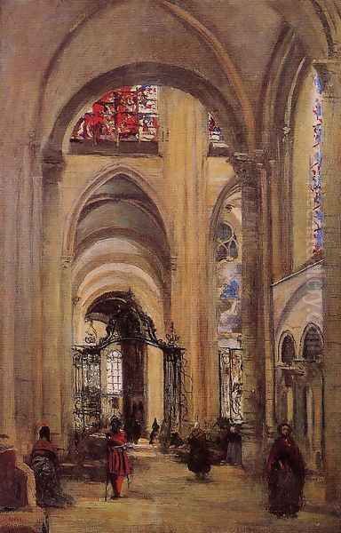 Interior of the Cathedral of St. Etienne, Sens, c.1874 Oil Painting by Jean-Baptiste-Camille Corot