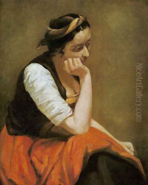 A thinking girl Oil Painting by Jean-Baptiste-Camille Corot