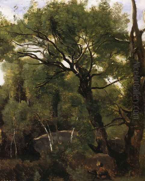 An Artist Painting in the Forest of Fountainebleau Oil Painting by Jean-Baptiste-Camille Corot