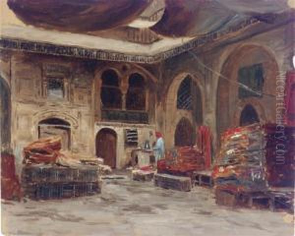 A Rug Merchant's Bazaar Oil Painting by Lockwood Deforest