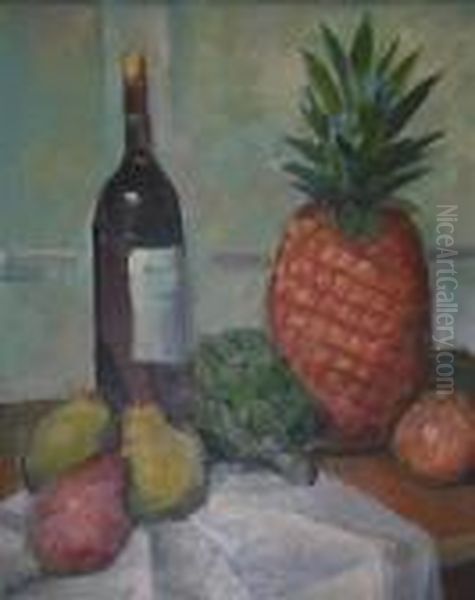 Still Life With Pineapple, Wine Bottle, And Pears Oil Painting by Lockwood Deforest