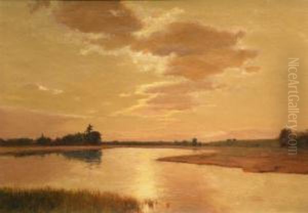 Marsh Scene At Sunset Oil Painting by Lockwood Deforest