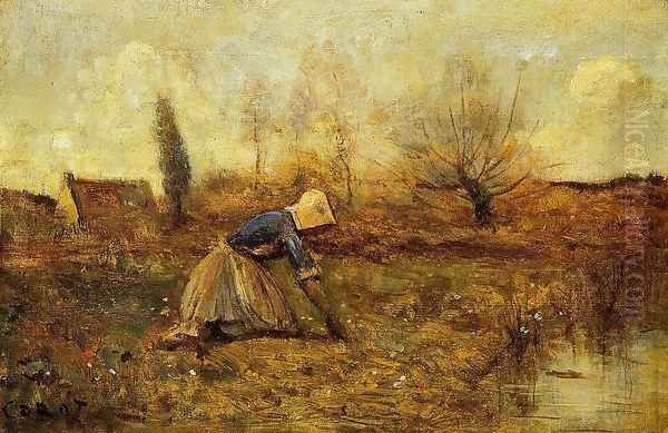 Farmer Kneeling Picking Dandelions Oil Painting by Jean-Baptiste-Camille Corot