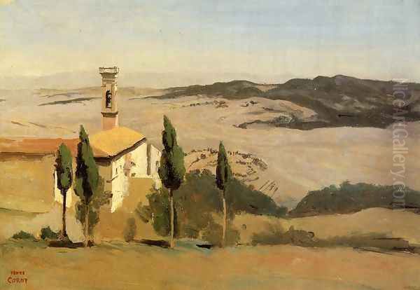 Volterra - Church and Bell Tower Oil Painting by Jean-Baptiste-Camille Corot