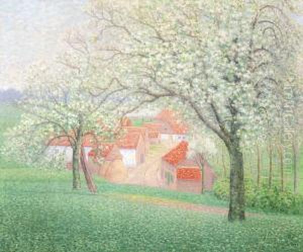 Les Pommiers Enfleurs, Brabant (1908) Oil Painting by William Degouve de Nuncques