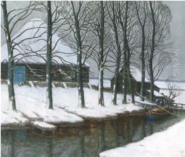 Farmyard In Winter Oil Painting by William Degouve de Nuncques