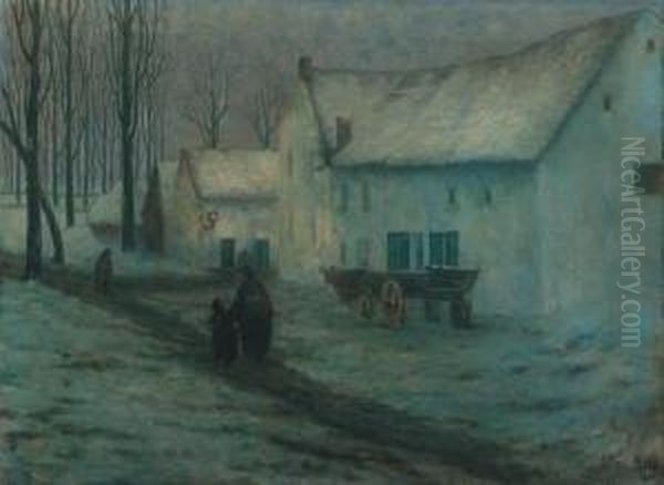 Soir De Neige, Brabant - A Wintery Night In Brabant Oil Painting by William Degouve de Nuncques