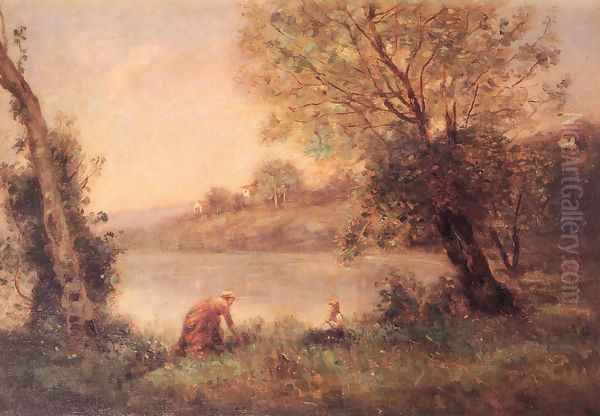 Ville-D'avray - Paysanne Et Son Enfant Entre Deux Arbres Au Bord De L'etang Oil Painting by Jean-Baptiste-Camille Corot