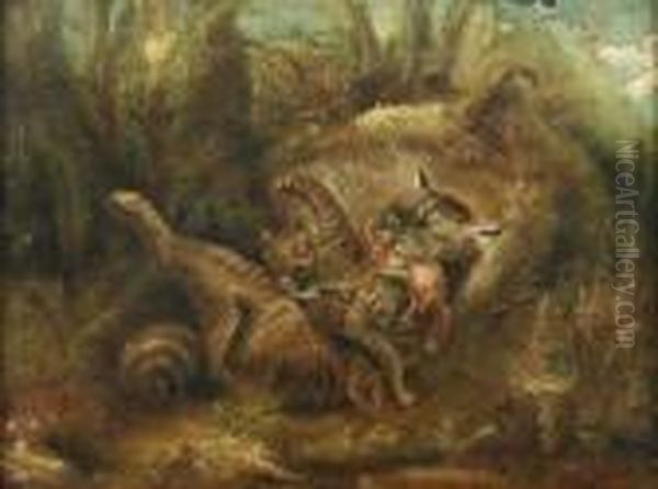 Wildkatzen Mit Erlegtem Eichhornchen Oil Painting by Carl Friedrich Deiker