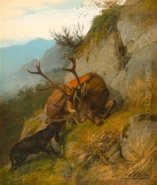 Hirsch Mit Hund Im Gebirge. Oil Painting by Carl Friedrich Deiker