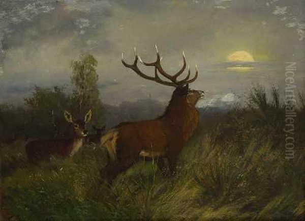 Hirsch Mit Rehen Im Mondlicht. Oil Painting by Carl Friedrich Deiker