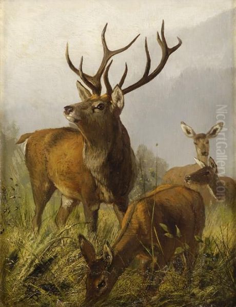 Hirsch Mit Schmaltieren. Oil Painting by Carl Friedrich Deiker