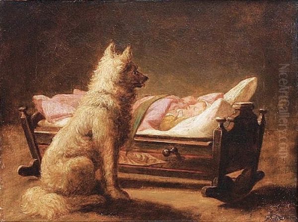 A Dog Guarding A Sleeping Baby Oil Painting by Carl Friedrich Deiker