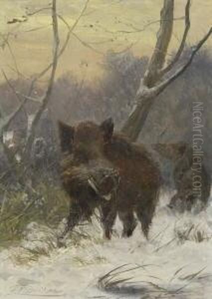 Wildschwein Im
 Winterwald. Oil Painting by Carl Friedrich Deiker