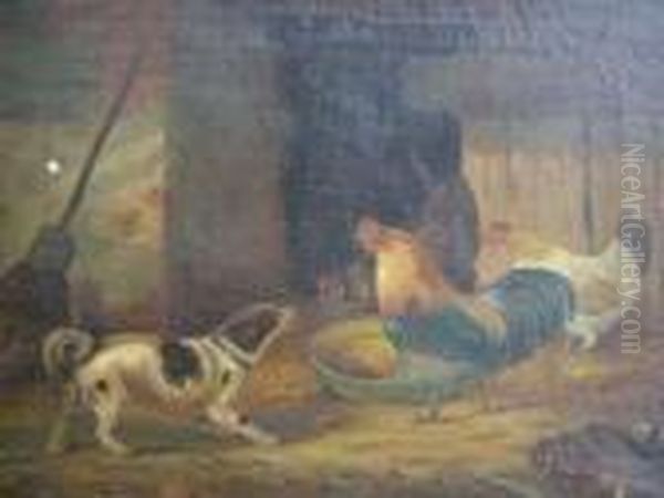 Dog And Roosters Oil Painting by Carl Friedrich Deiker