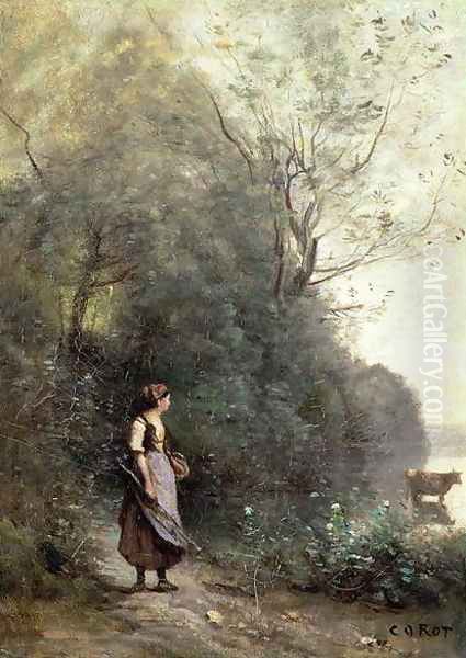 A Peasant Woman Grazing a Cow at the Edge of a Forest Oil Painting by Jean-Baptiste-Camille Corot