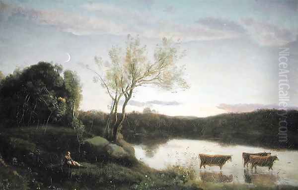 A Pond with three Cows and a Crescent Moon, c.1850 Oil Painting by Jean-Baptiste-Camille Corot