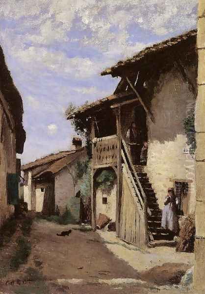 A Village Steeet, Dardagny Oil Painting by Jean-Baptiste-Camille Corot