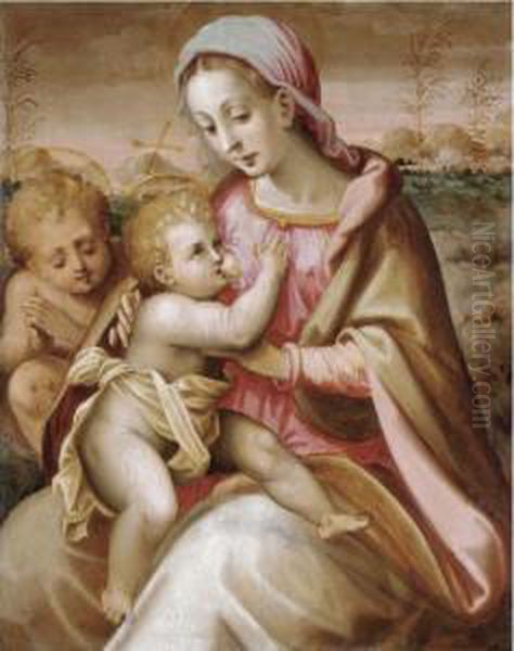 The Madonna Suckling The Christ 
Child With The Infant Saint John The Baptist In A Landscape Oil Painting by Francesco Brini Active Florence