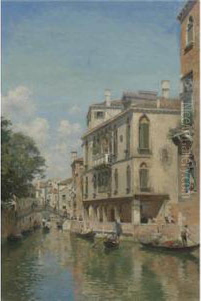 A Busy Day On A Venetian Canal Oil Painting by Federico del Campo