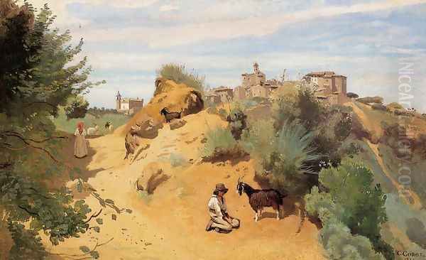 Genzano - Goatherd and Village Oil Painting by Jean-Baptiste-Camille Corot