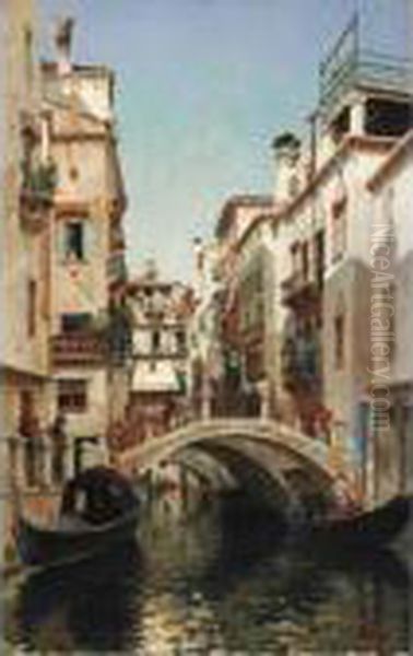 A Busy Venetian Bridge Oil Painting by Federico del Campo